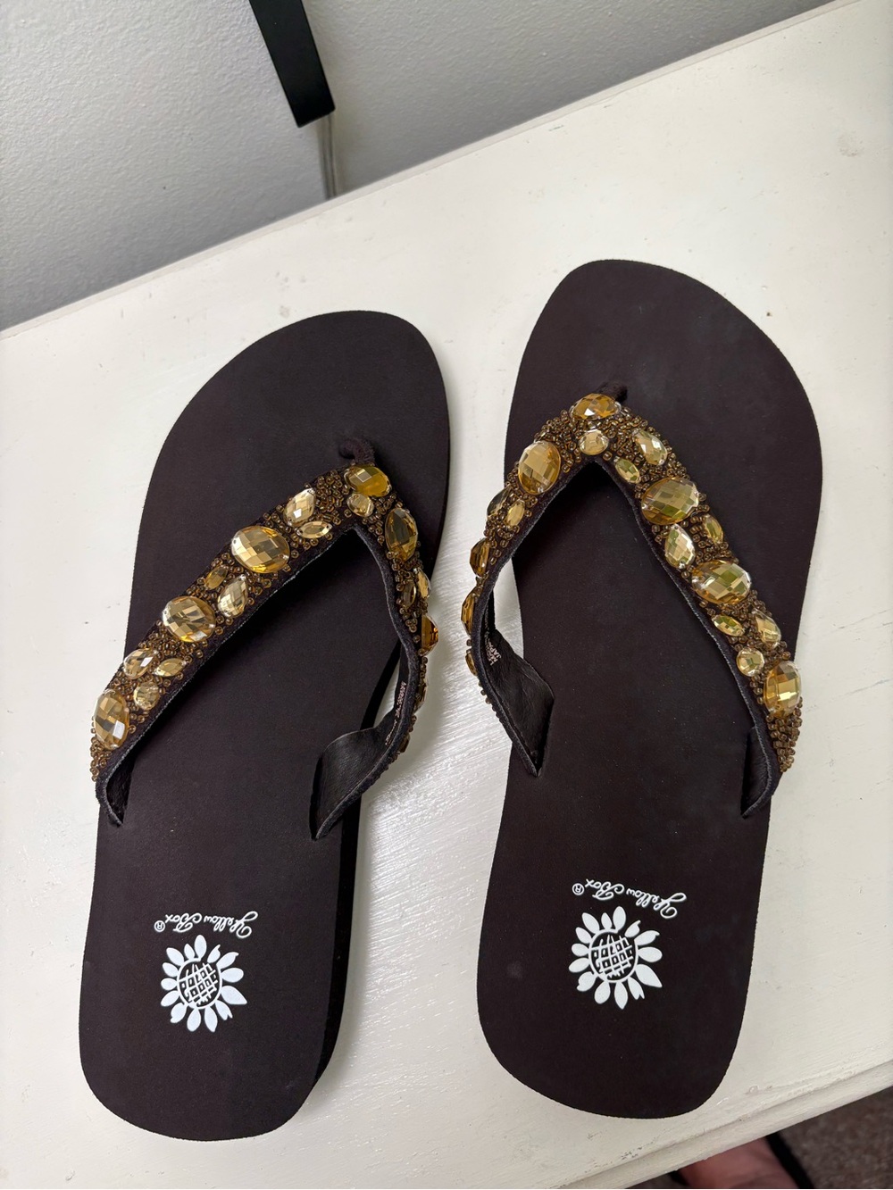 Yellow Box Embellished Thong Flip Flops. Size 7.5.